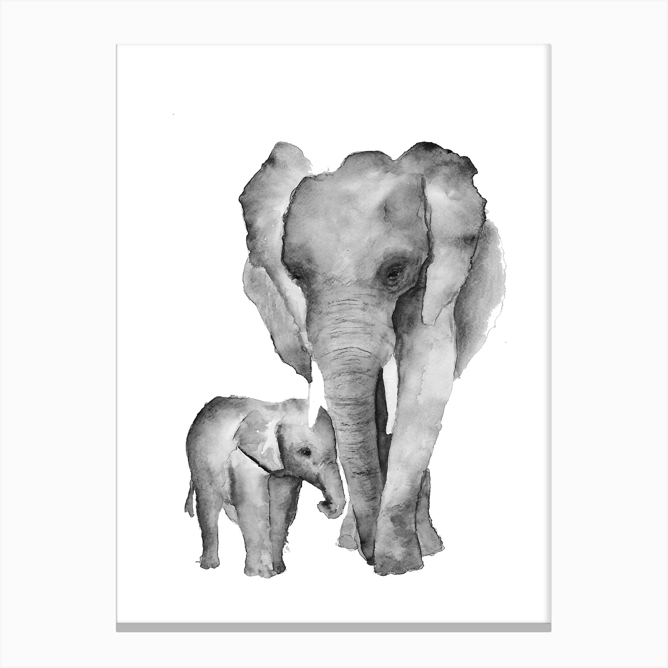 Sweets Baby Elephant with Mama Art B&w Canvas Picture Wall Deco Print